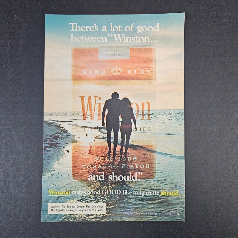 1974 RJ Reynolds Tobacco Co‎ Winston Cigarettes Vintage Print Ad Couple On Beach